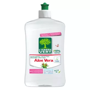 Flasche L'ARBRE VERT Geschirrspülmittel Aloe Vera, 500ml, 97% natürlichen Ursprungs, hypoallergen, Ecolabel-zertifiziert, mit grünem Verschluss.