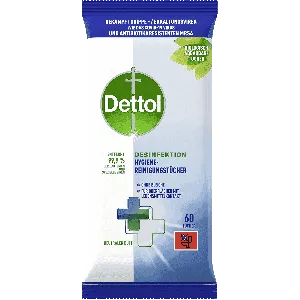 Dettol Lingettes Nettoyantes Désinfectantes paquet de 60 lingettes biodégradables, disponibles sur vitamister Suisse pour une hygiène efficace des surfaces