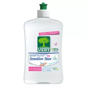 Liquide vaisselle écologique L'ARBRE VERT pour peaux sensibles, nettoyage doux pour les mains et la vaisselle.