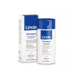 Bouteille de Shampooing Linola 200ml conçue pour les cuirs chevelus sensibles et secs.
