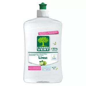Liquide vaisselle écologique au parfum rafraîchissant de citron vert par L'Arbre Vert pour une vaisselle impeccablement propre.