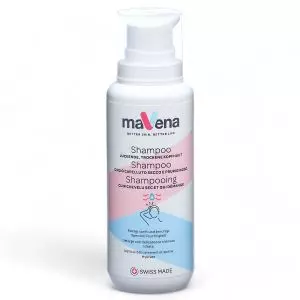 Mavena Shampoo, 200ml bottle for gentle cleansing of itchy, dry, and flaky scalps, available at vitamister.ch in Switzerland.