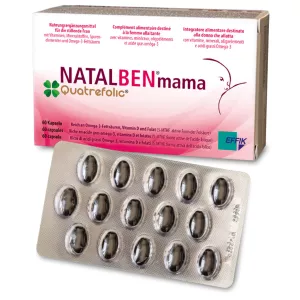 Verpackung von Natalben Mama, einem Nahrungsergänzungsmittel für stillende Frauen mit Omega-3, Vitamin D und aktivem Folat.