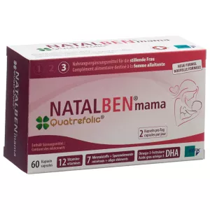Packaging of Natalben Mama, a supplement for breastfeeding women with Omega-3, Vitamin D, and active folate.