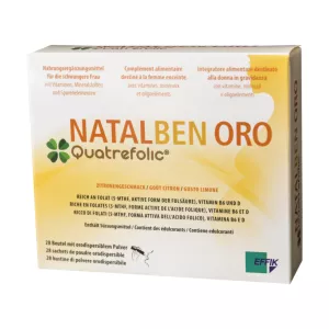 Emballage de Natalben Oro, complément prénatal au goût citron avec folate actif, vitamines B6 et D pour femmes enceintes.