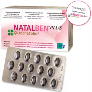 Emballage de Natalben Plus, complément prénatal complet avec vitamines, minéraux et Omega-3 DHA pour femmes enceintes.