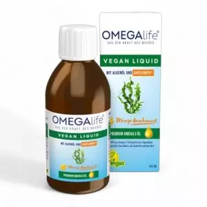 Omega-Life Flüssig Vegan, ein pflanzliches Omega-3-Nahrungsergänzungsmittel mit EPA und DHA für die Gesundheit von Herz, Gehirn und Augen. Jetzt online in der Schweiz bei vitamister kaufen.