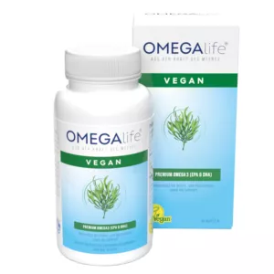 Bouteille de Capsules Véganes Omega Life, contenant 60 capsules d'huile d'algues pour la santé cardiaque et cérébrale, disponible en Suisse sur Vitamister.