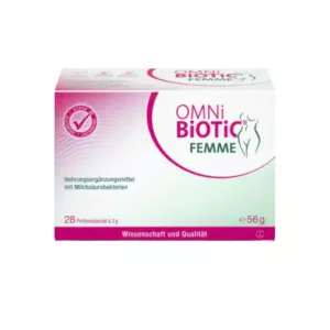 Verpackung von OMNI BIOTIC Femme Probiotikum mit 28 Portionsbeuteln für die Frauengesundheit, wissenschaftliche Qualität hervorhebend.