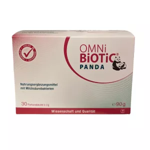Box of OMNi-BiOTiC® PANDA probiotic supplement with 30 sachet packets each weighing 3 grams, marked as vegan and lactose-free.