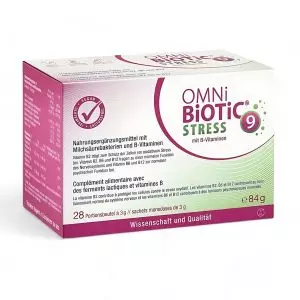 Omni Biotic STRESS probiotic supplement 84g box and sachets for stress management. Buy now at vitamister in Switzerland.