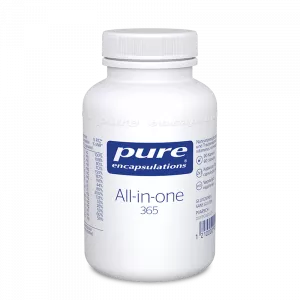 Bouteille de capsules Pure Encapsulations All-in-One 365, remplie de nutriments essentiels pour la santé quotidienne.