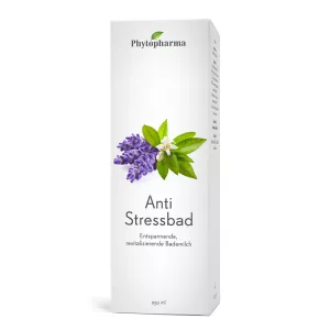 Verpackung für Phytopharma Anti Stressbad Badezusatz 250ml mit Lavendel und Blumen, entwickelt für Entspannung und Revitalisierung.