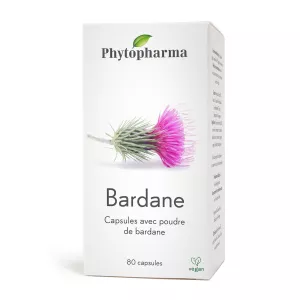 Phytopharma Burdock Capsules: Natural herbal supplement for detoxification and skin health. 80 vegan capsules with pure burdock root powder. Buy now from vitamister in Switzerland for enhanced well-being.