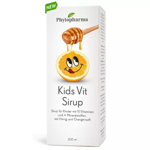 Phytopharma Kinder Vit Sirup 200ml Verpackung mit Honig und Orangengeschmack, angereichert mit 10 Vitaminen und 4 Mineralstoffen, vegetarisch, laktosefrei, glutenfrei.