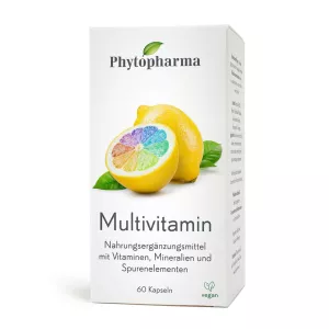 Pack de Multivitamines Phytopharma avec 60 gélules véganes, riches en vitamines, minéraux et oligo-éléments, axé sur le bien-être naturel.