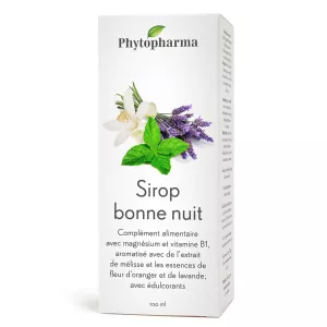 Emballage de Sirop bonne nuit Phytopharma 100ml. Complément végétal pour le sommeil avec magnésium et vitamine B1. Commandez maintenant sur vitamister Suisse pour une meilleure qualité de sommeil.