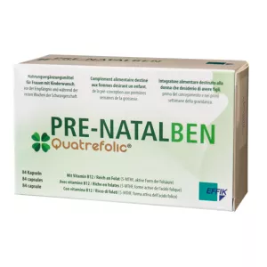Pre-Natalben supplement packaging, designed for pre-conception and early pregnancy, rich in Folate and Vitamin B12.
