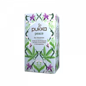 Pukka Peace Bio-Kräutertee Packung mit beruhigendem Kräuterdesign. Ideal zur Entspannung. Klicken Sie hier zum Kauf in der Schweiz.