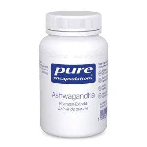 Bottle of Pure Encapsulations Ashwagandha Capsules 60ct available in Switzerland through vitamister, ideal for stress management and well-being.