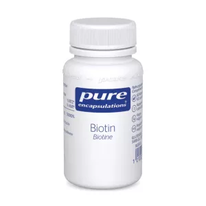 Gélules de biotine Pure Encapsulations fournissant 5000% de la valeur quotidienne de biotine par portion pour favoriser la santé des cheveux, de la peau et des ongles.