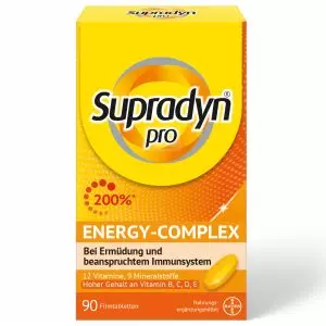 Supradyn Pro Energy-Complex Filmtabletten mit 13 essentiellen Vitaminen und 9 Mineralstoffen zur Bekämpfung von Ermüdung und zur Unterstützung des Immunsystems. Jetzt bei vitamister für mehr Energie in der Schweiz kaufen.