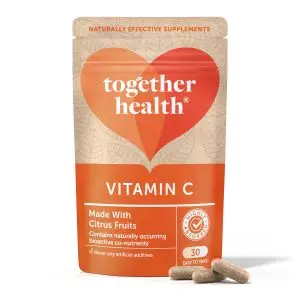 Vue de face de l'emballage des gélules de Vitamine C Bio de Together Health, mettant en évidence la vitamine C naturelle. Achetez maintenant en Suisse.
