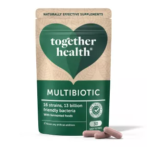 Together Health Multibiotic natural probiotics front packaging with three capsules on white background. Discover the benefits of our natural probiotics for a balanced gut. Buy Now in Switzerland.