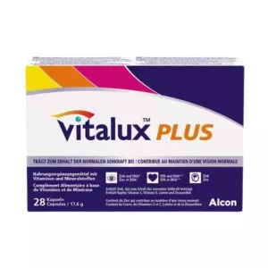 Achetez Vitalux Plus sur vitamister.ch - 28 gélules avec Zinc et vitamines pour la santé des yeux. Fabriqué en Suisse. Livraison rapide en Suisse. Achetez dès maintenant!