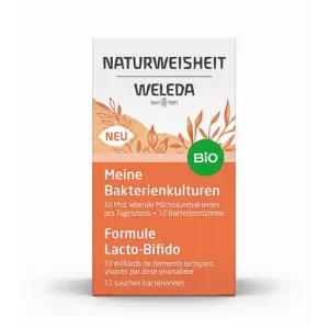 Weleda Lacto-Bifido Formula capsules support gut health with 12 lactobacilli and bifidobacteria strains, delivering 10 billion live lactic acid bacteria per daily dose, enriched with organic chicory root inulin.